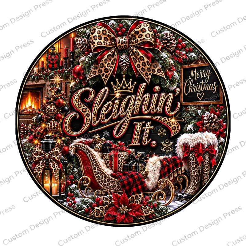 Sleighin’ It Red and Leopard Wreath Center Round