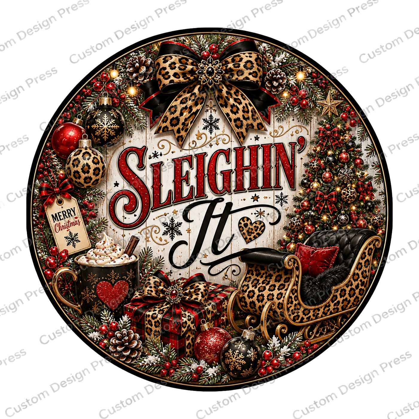 Sleighin’ It Cream and Leopard Wreath Center Round
