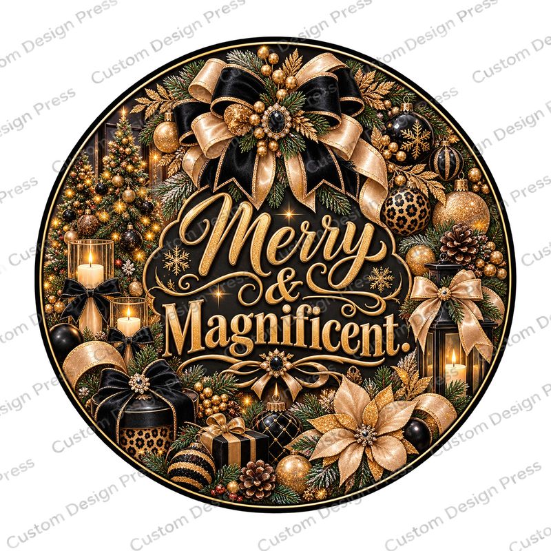 Merry and Magnificent Black and Gold Wreath Center Round