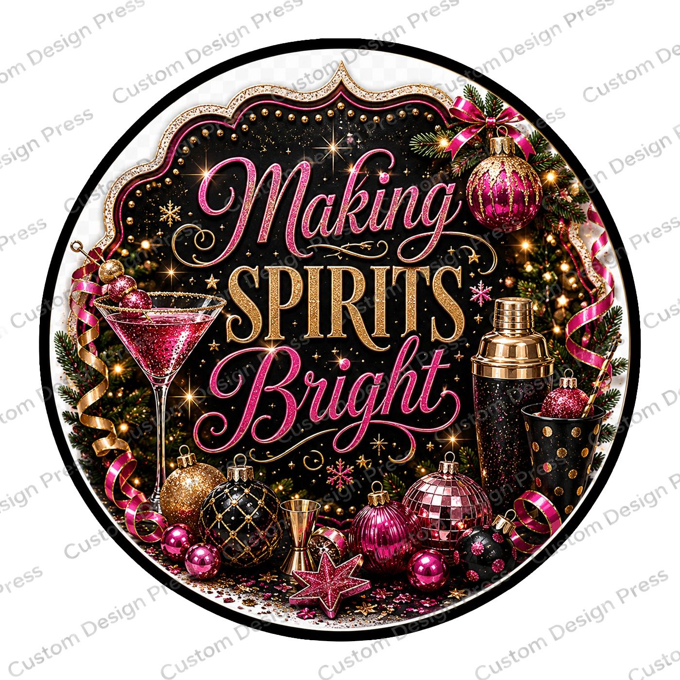 Making Spirits Bright Pink Cocktails Wreath Center Round