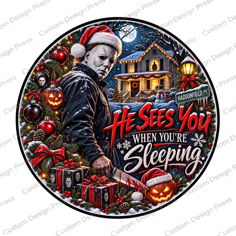 He Sees You When You’re Sleeping Michael Myers Wreath Center Round