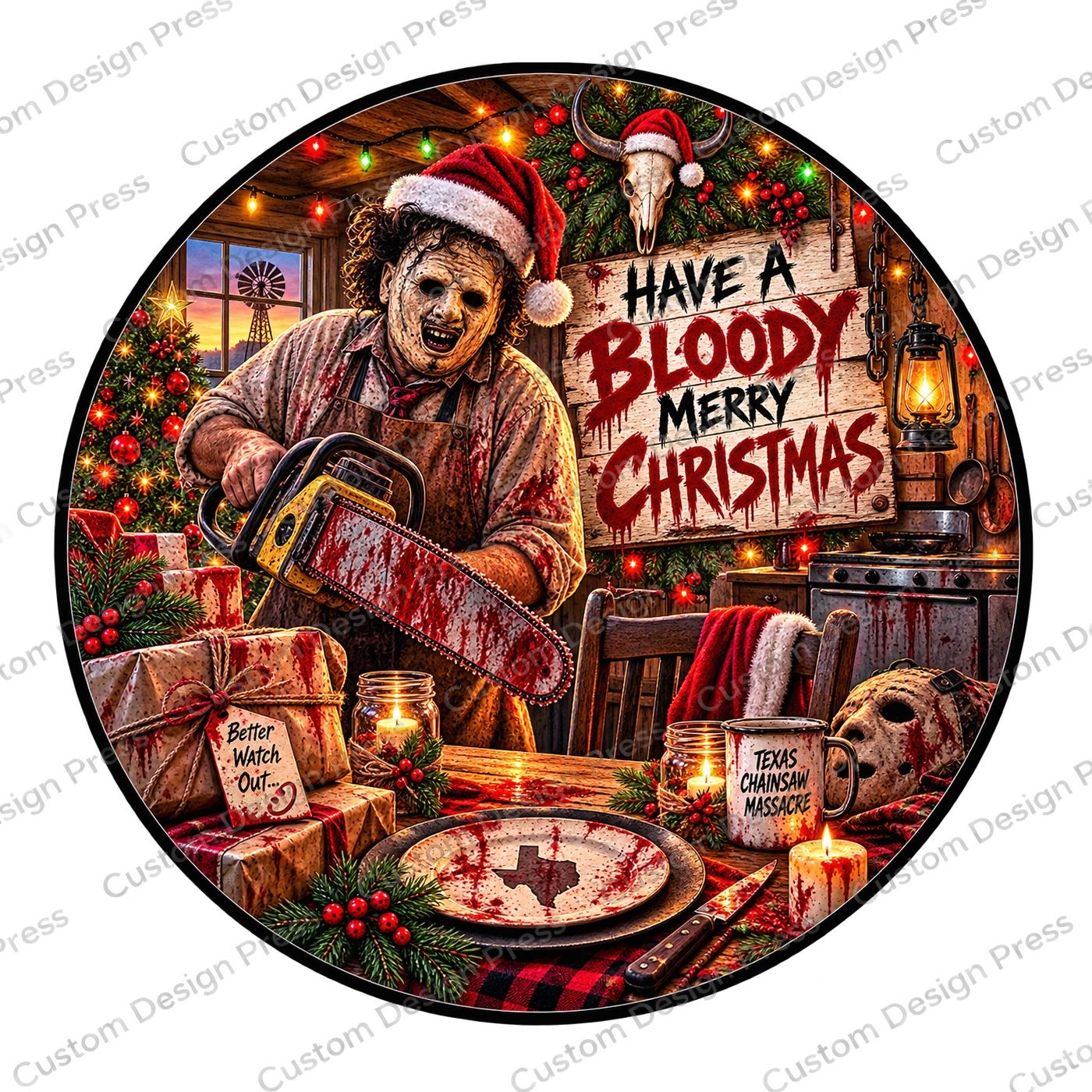 Bloody Merry Christmas Leatherface Wreath Center Round