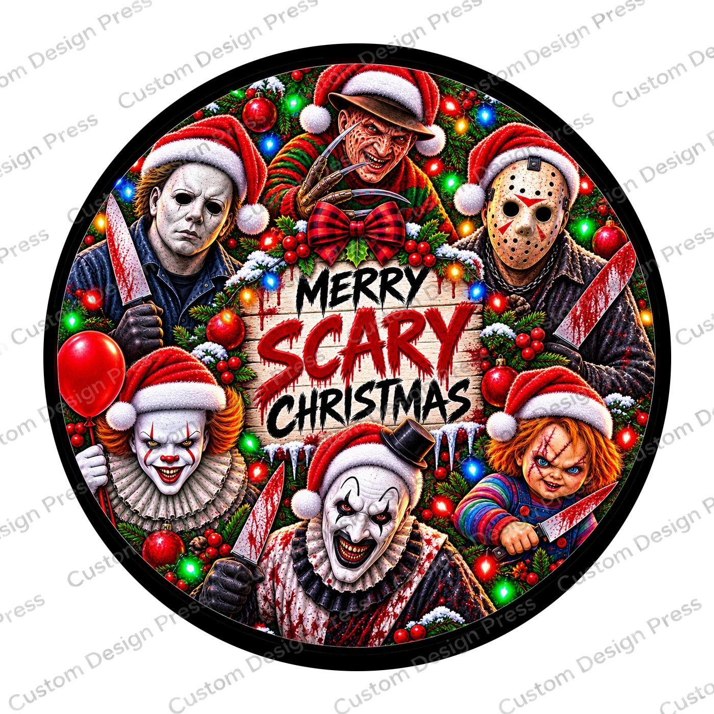 Merry Scary Christmas Horror Collage Wreath Center Round
