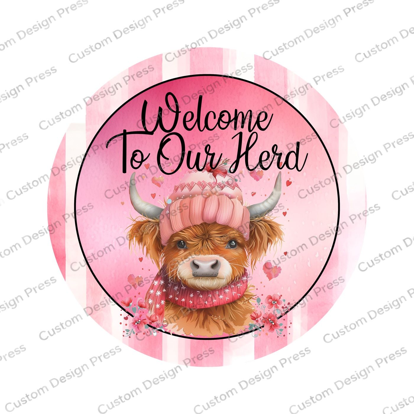 Welcome to Our Herd Pink Highland Cow Wreath Center Round