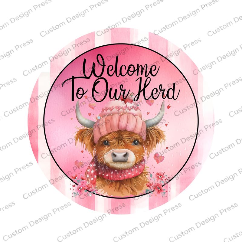 Welcome to Our Herd Pink Highland Cow Wreath Center Round