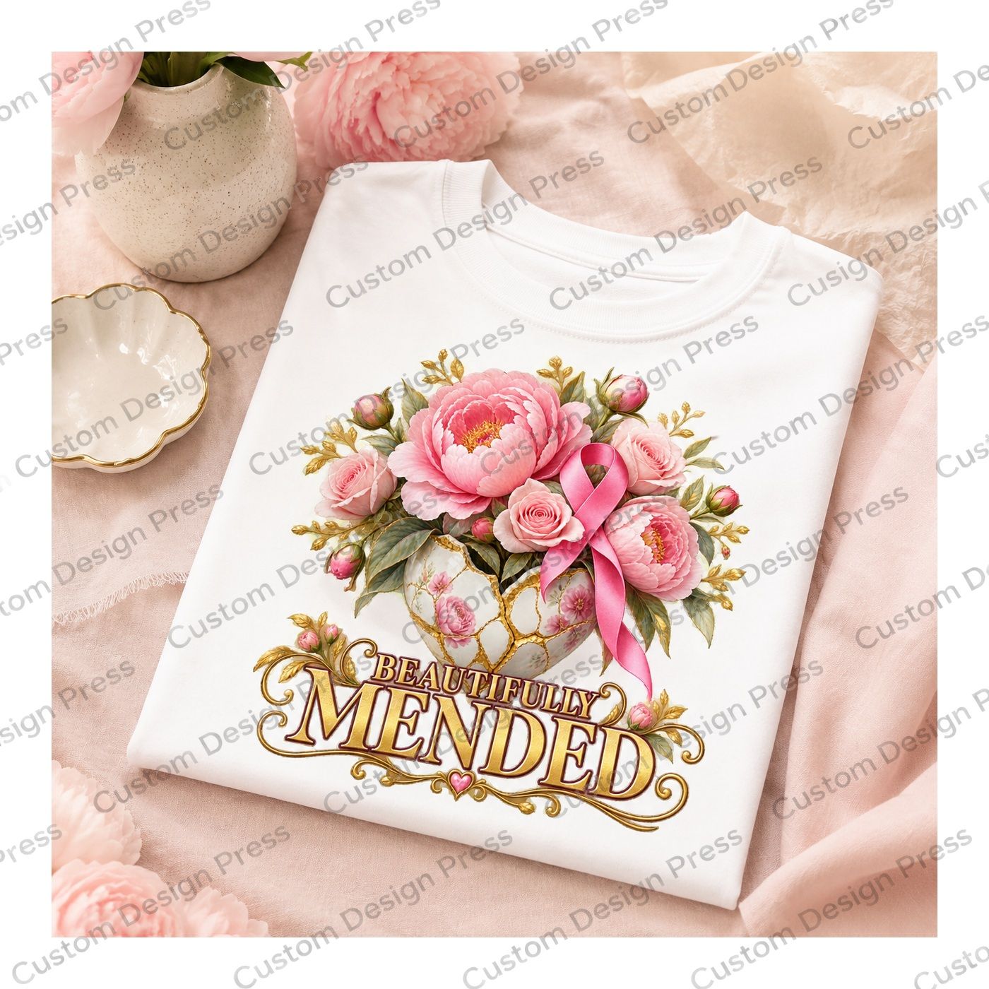Beautifully Mended Pink Ribbon Breast Cancer Awareness T-Shirt