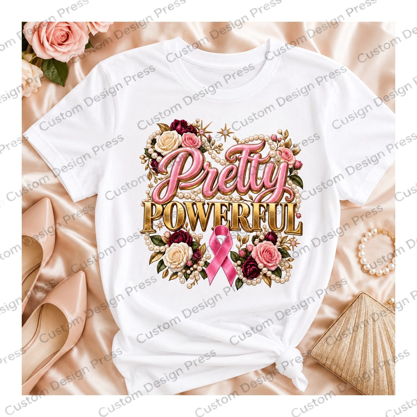 Pretty Powerful Pink Ribbon Breast Cancer Awareness T-Shirt