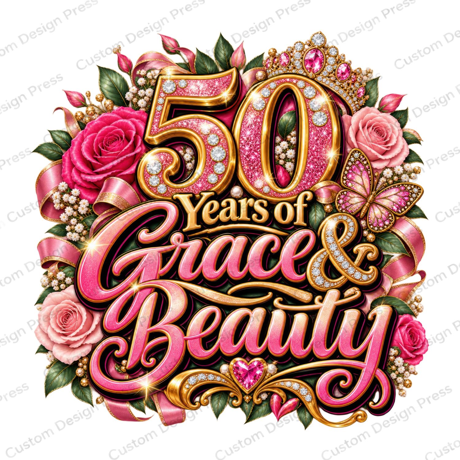 50 Years of Grace &amp; Beauty Pink Rose Birthday PNG