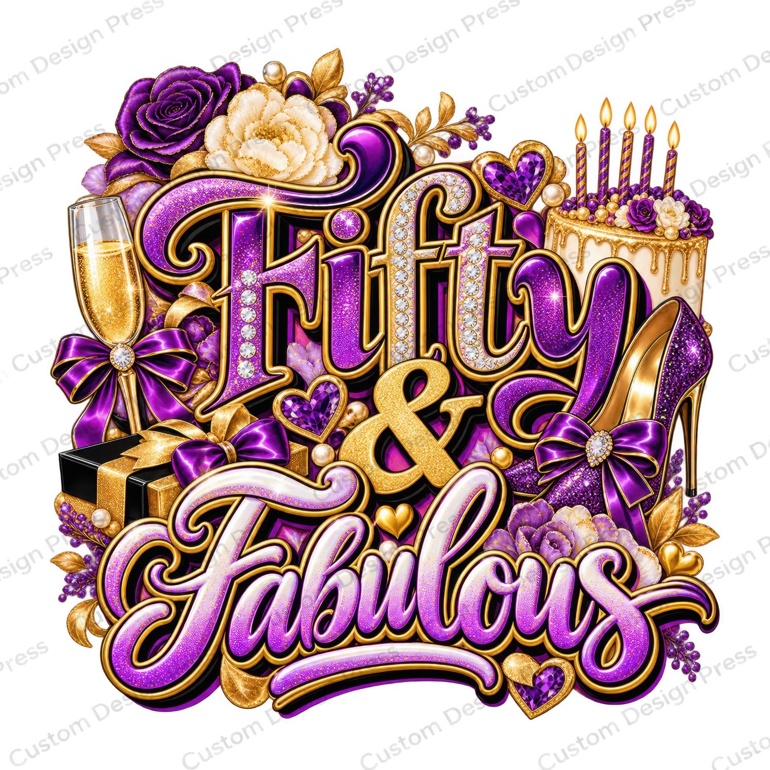 Fifty &amp; Fabulous Glam Birthday PNG Digital Download