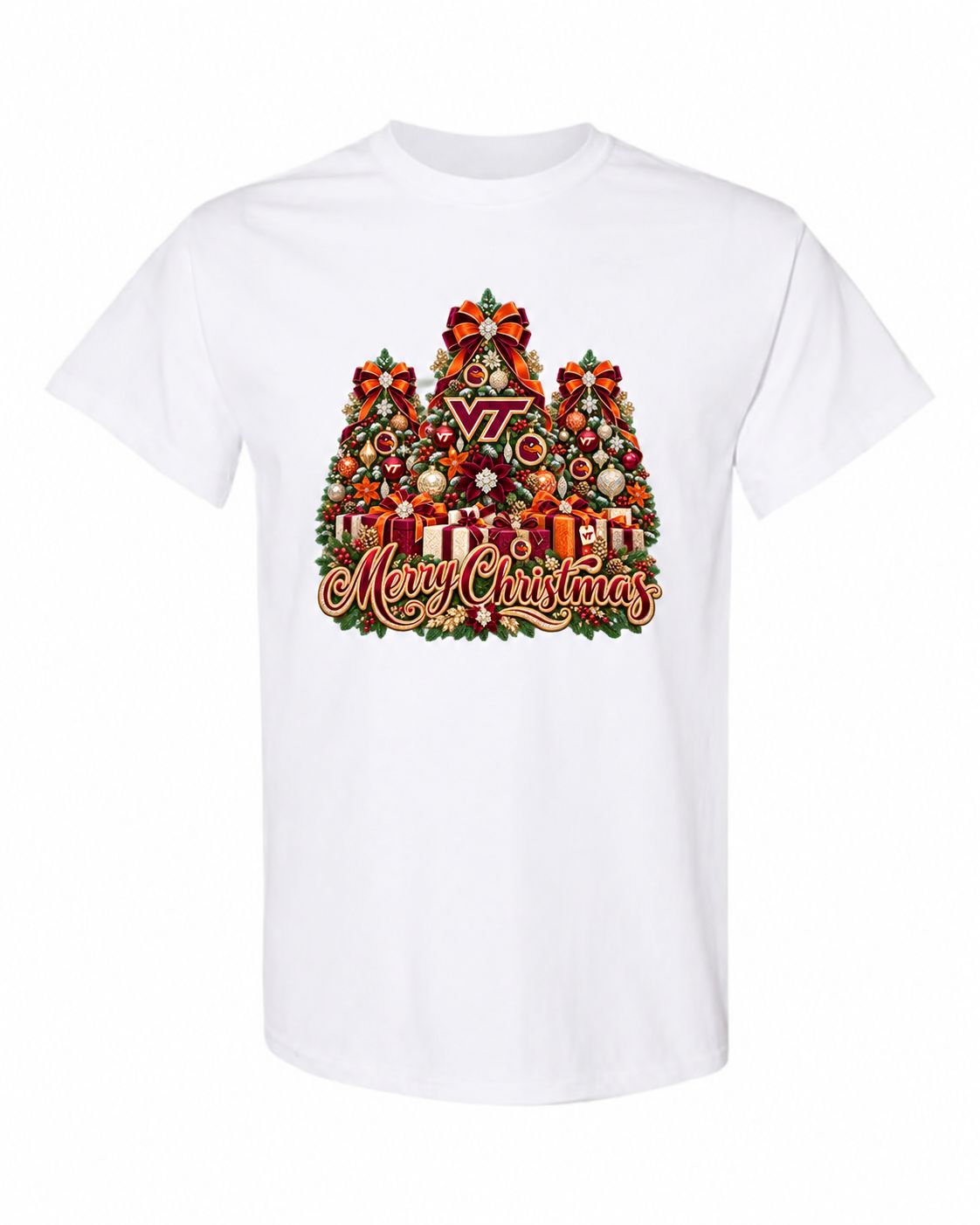 Virginia Tech Christmas design on white T-shirt