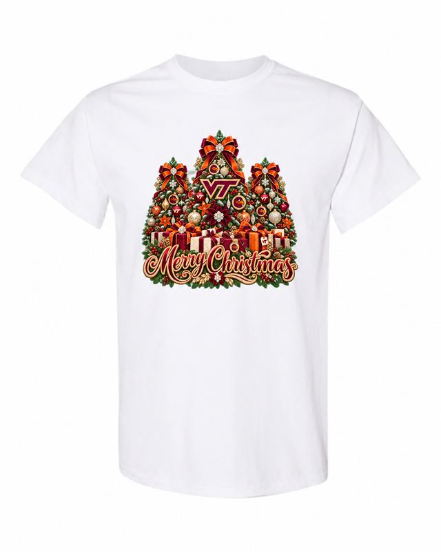 Virginia Tech Christmas design on white T-shirt