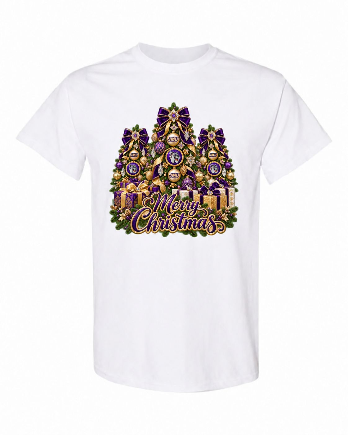 James Madison University Christmas design on white T-shirt