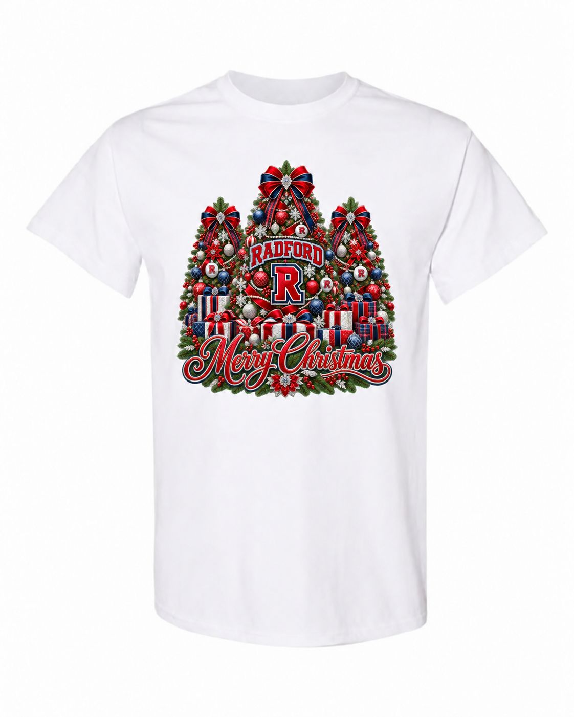 Radford University Christmas design on white T-shirt
