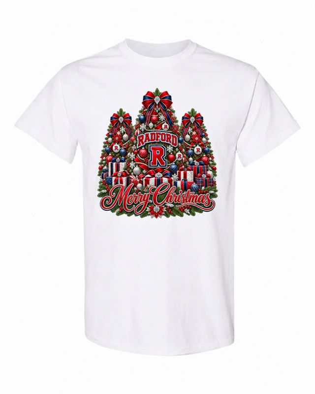 Radford University Christmas design on white T-shirt
