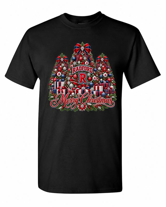 Radford University Christmas design on black T-shirt