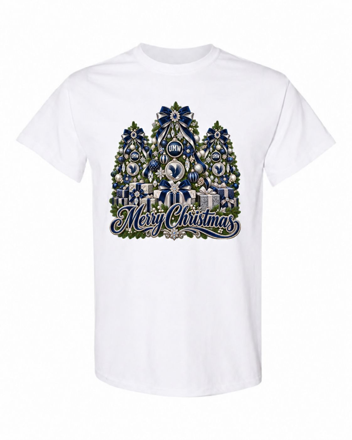 University of Mary Washington Christmas design on white T-shirt