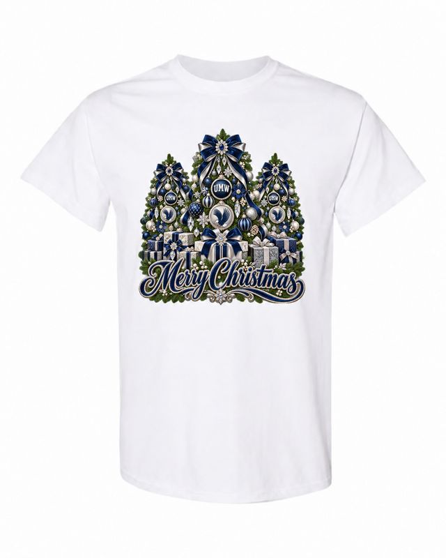 University of Mary Washington Christmas design on white T-shirt