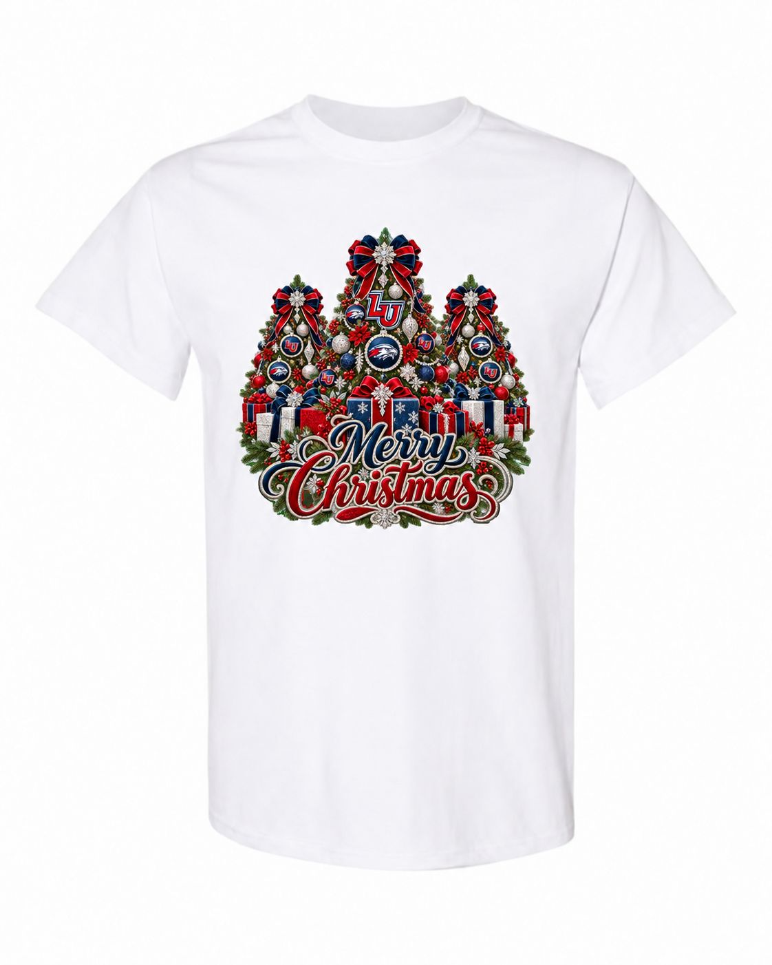 Liberty University Christmas design on white T-shirt