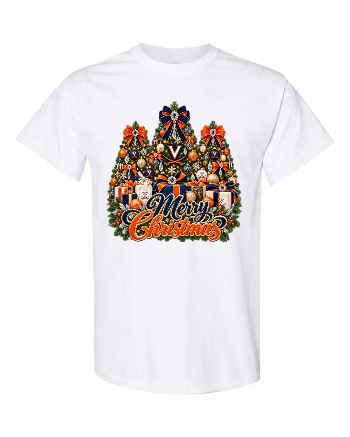 University of Virginia Christmas design on white T-shirt