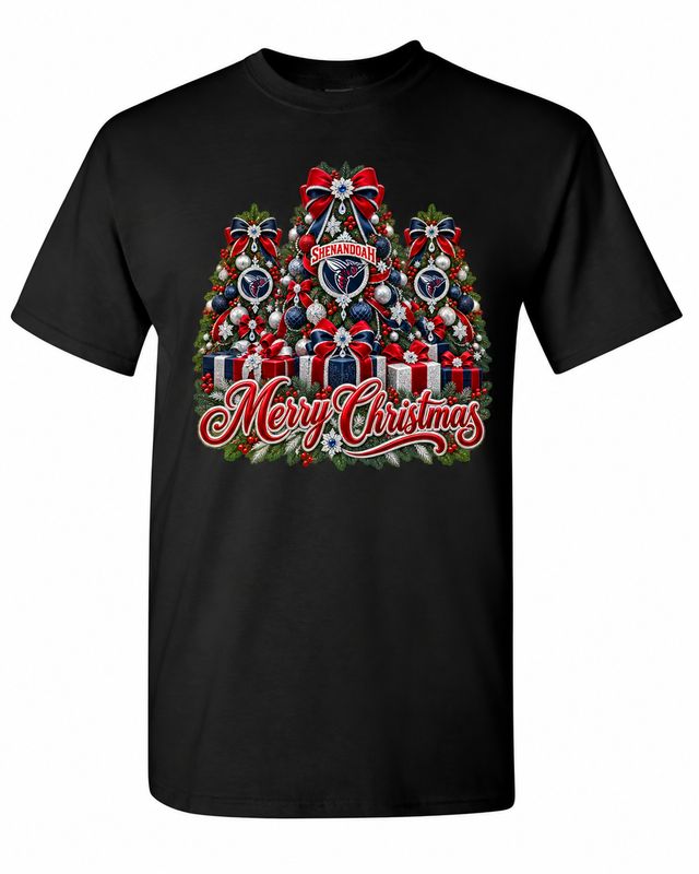 Shenandoah University Christmas design on black T-shirt