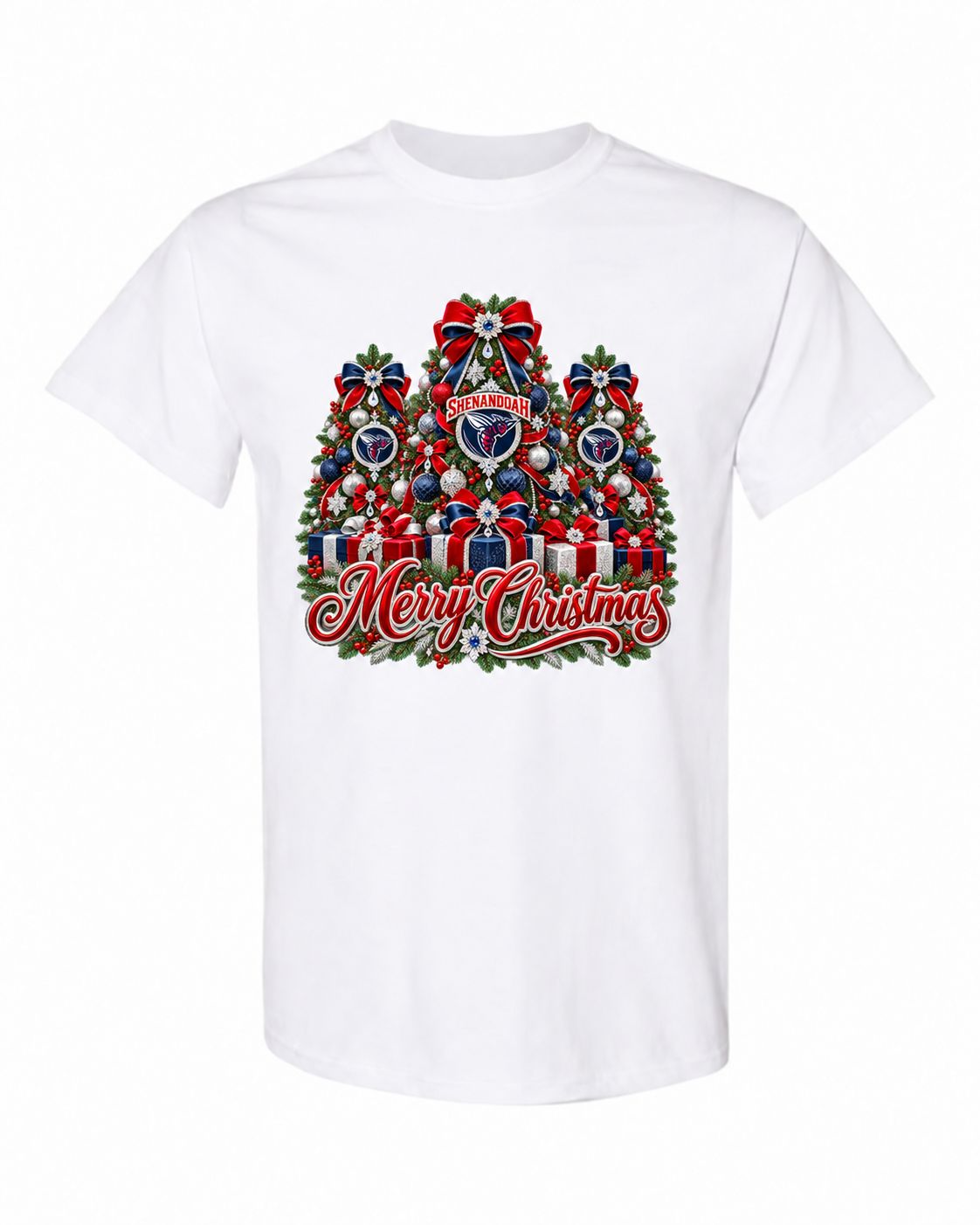 Shenandoah University Christmas design on white T-shirt