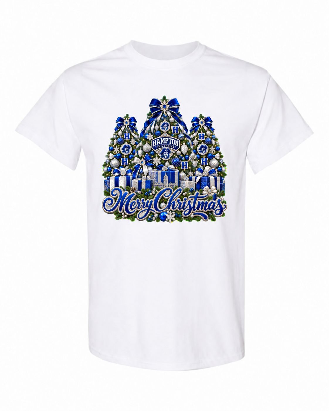 Hampton University Christmas design on white T-shirt