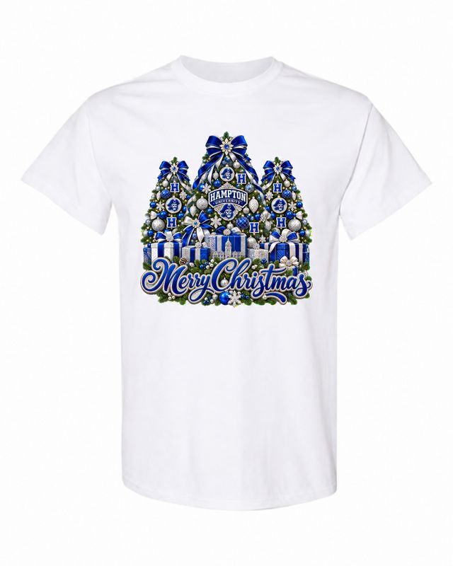 Hampton University Christmas design on white T-shirt