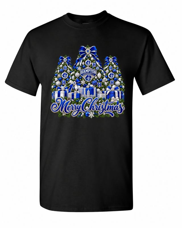 Hampton University Christmas design on black T-shirt