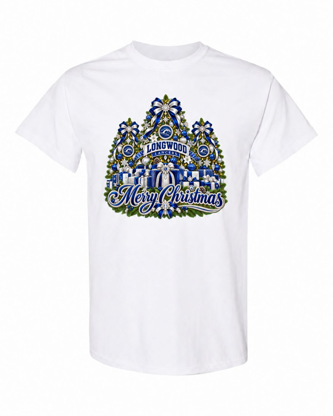 Longwood University Christmas design on white T-shirt