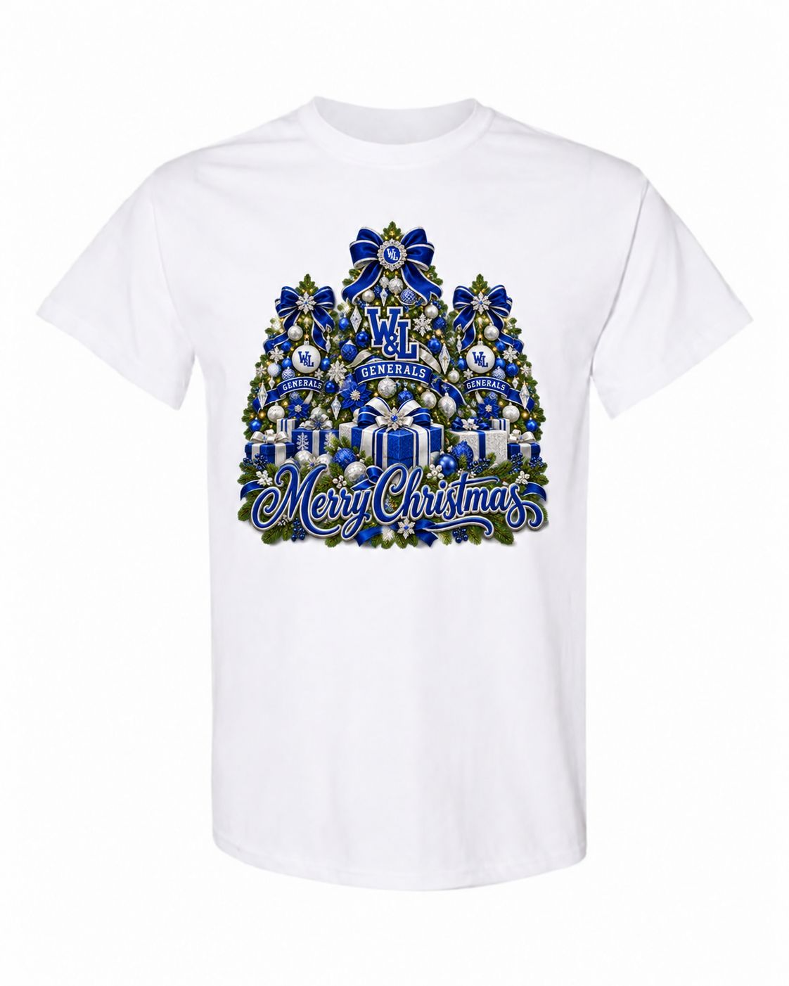 Washington and Lee University Christmas design on white T-shirt