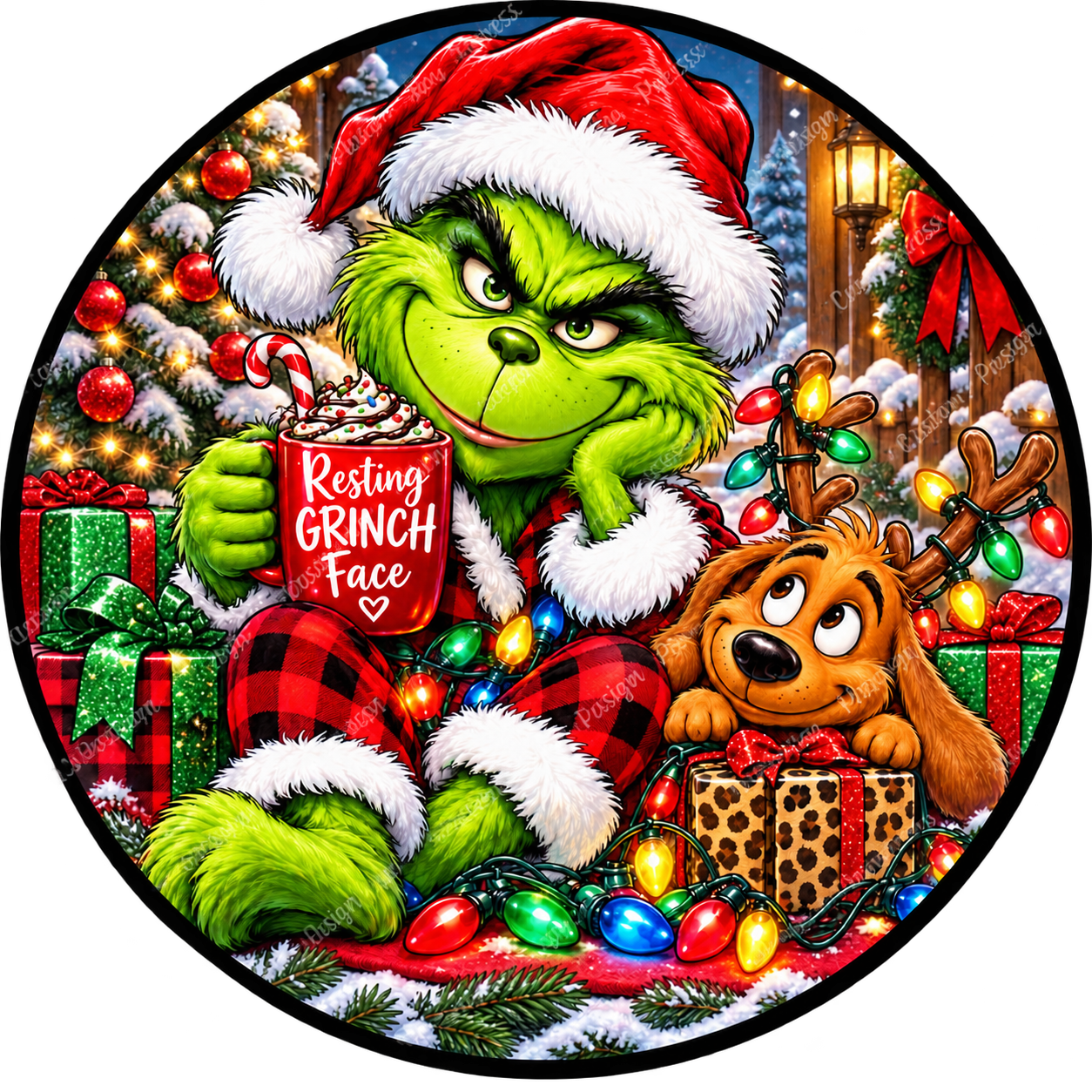 Resting Grinch Face and Max Christmas Wreath Center Round