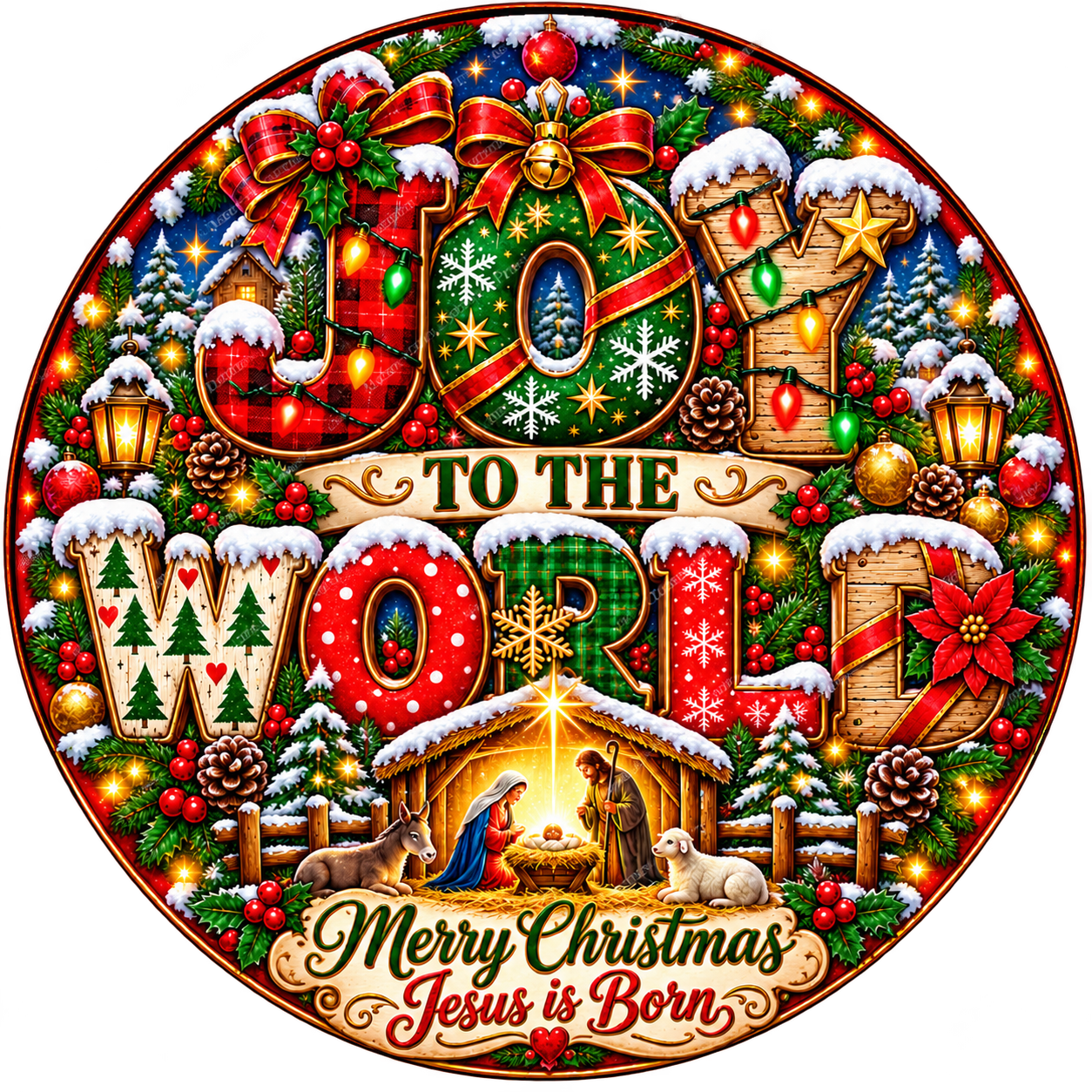 Joy to the World Christmas Nativity Wreath Center Round