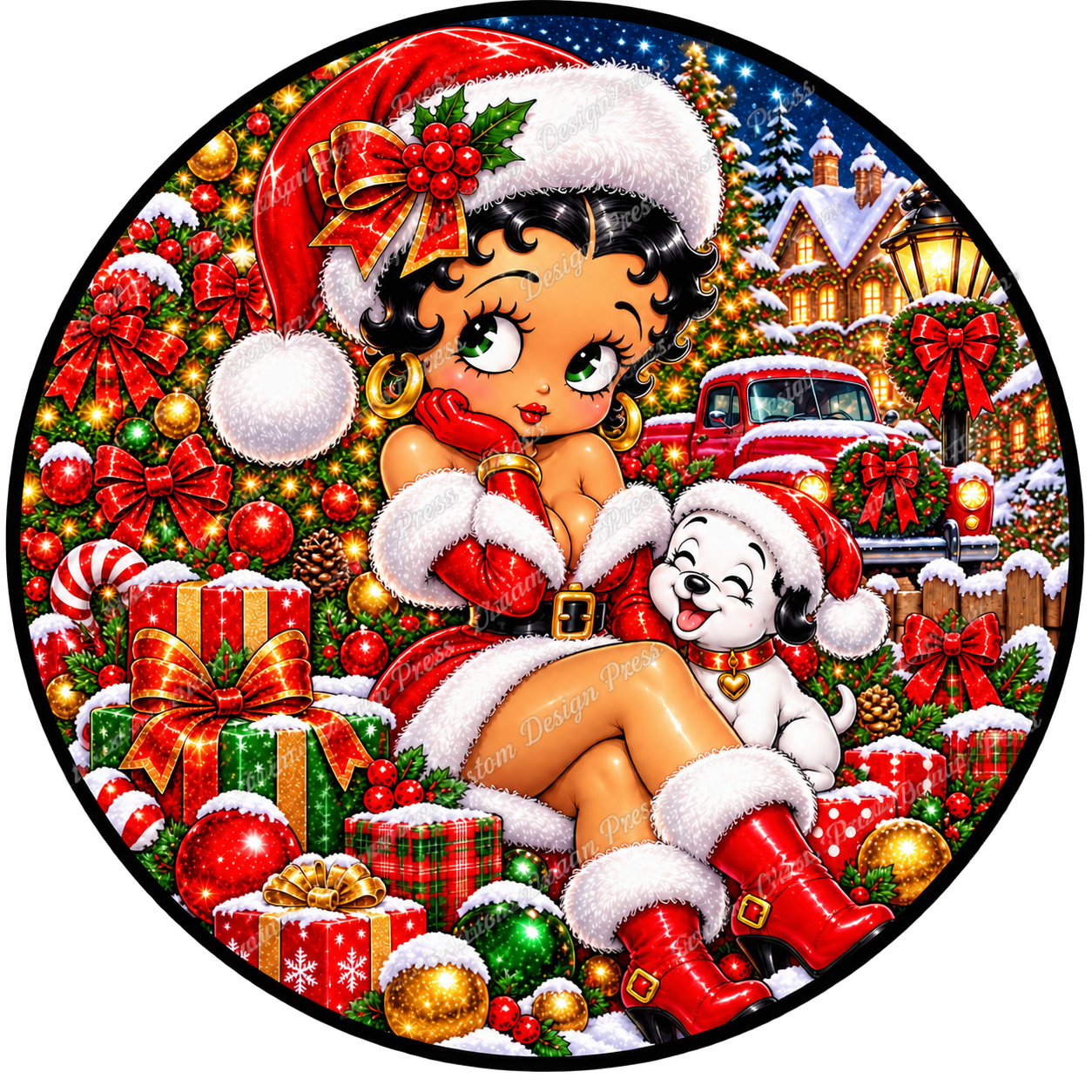 Santa Girl and Puppy Christmas Wreath Center Round
