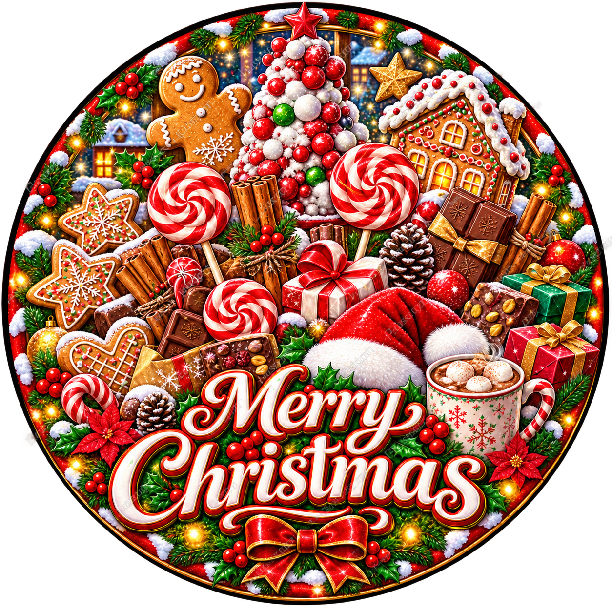 Merry Christmas Gingerbread Sweets Wreath Center Round