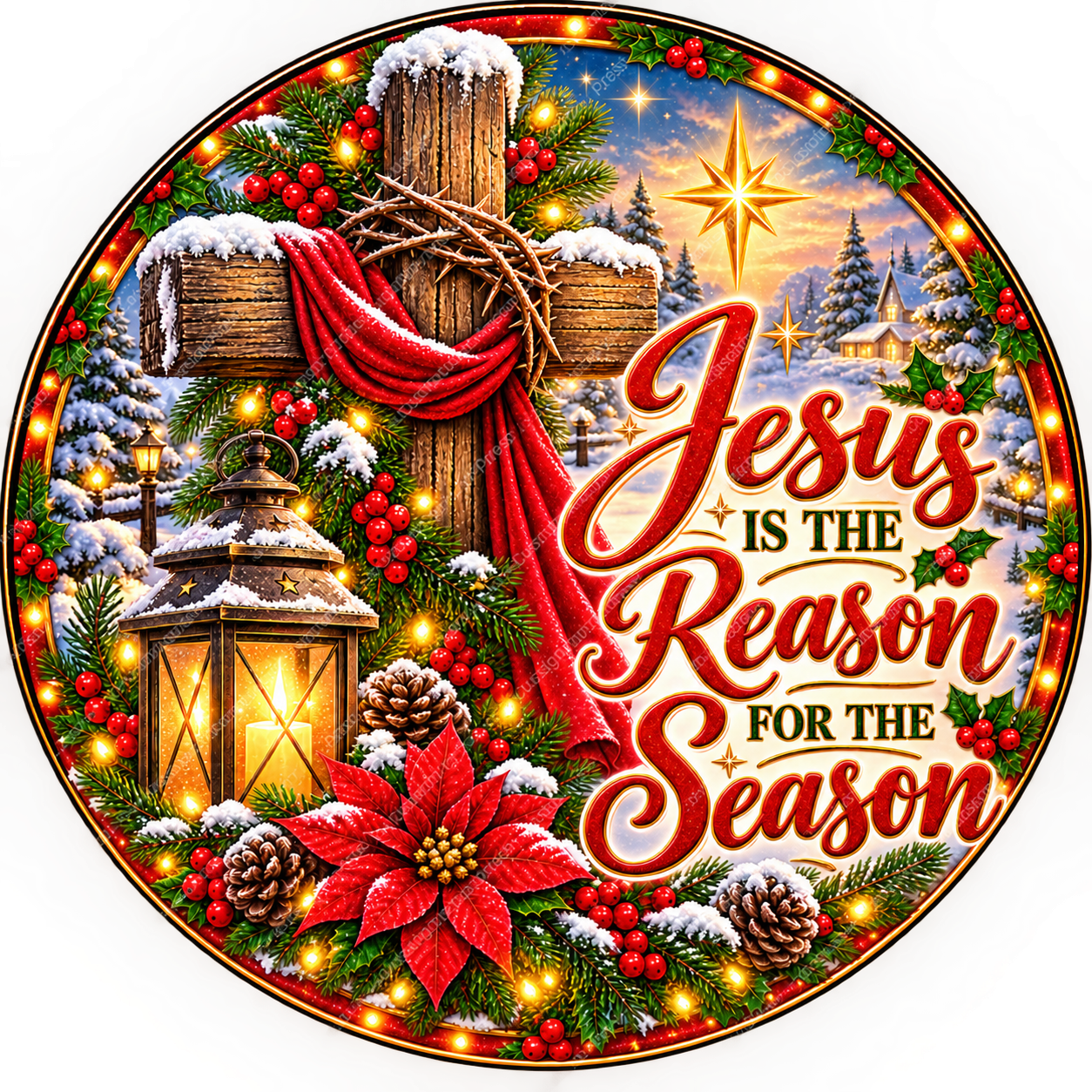 Jesus Is the Reason Christmas Cross Wreath Center Round