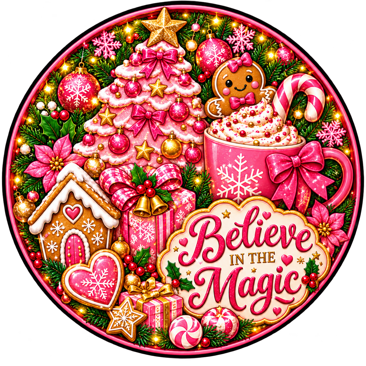 Believe in the Magic Pink Christmas Wreath Center Round