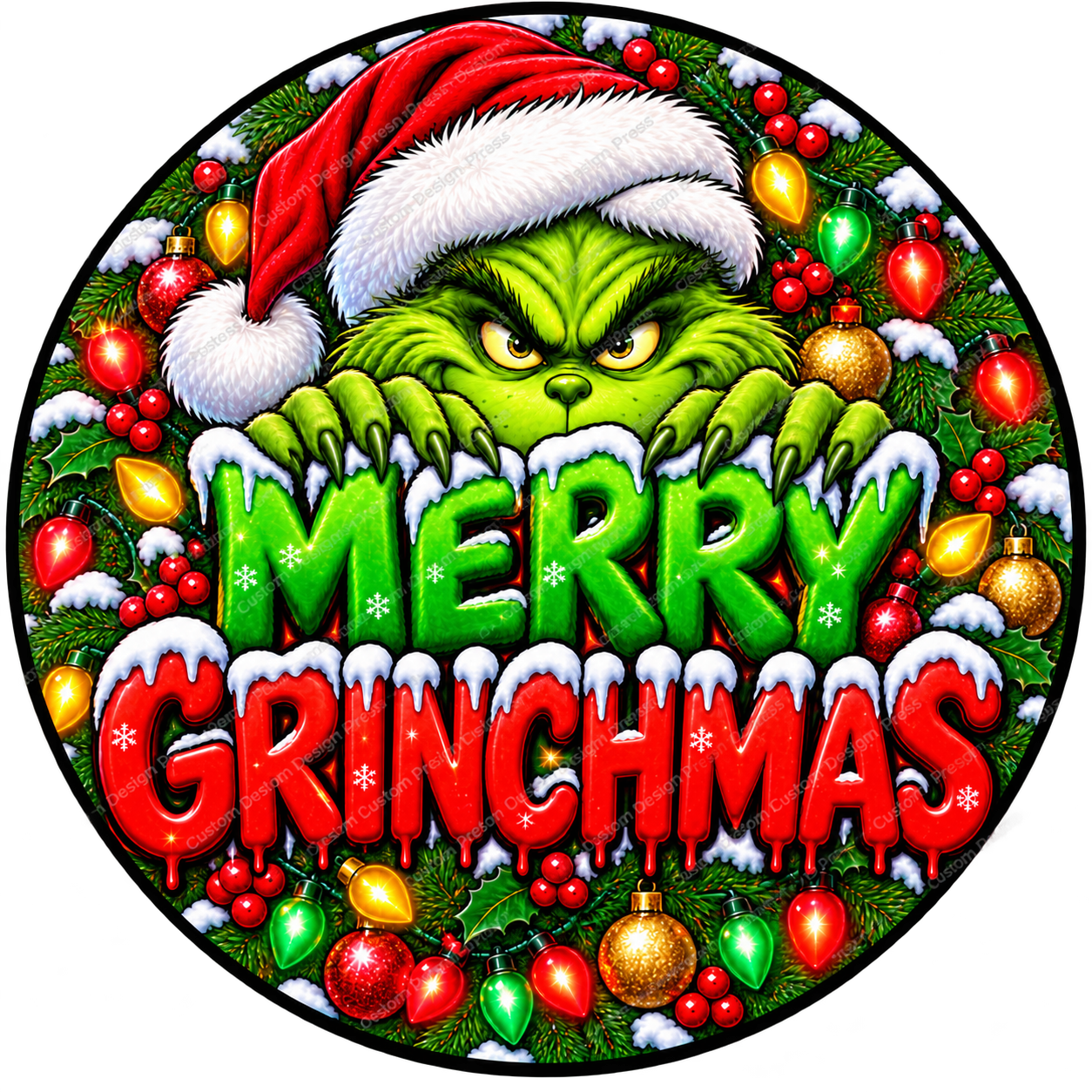 Merry Grinchmas Santa Hat Wreath Center Round