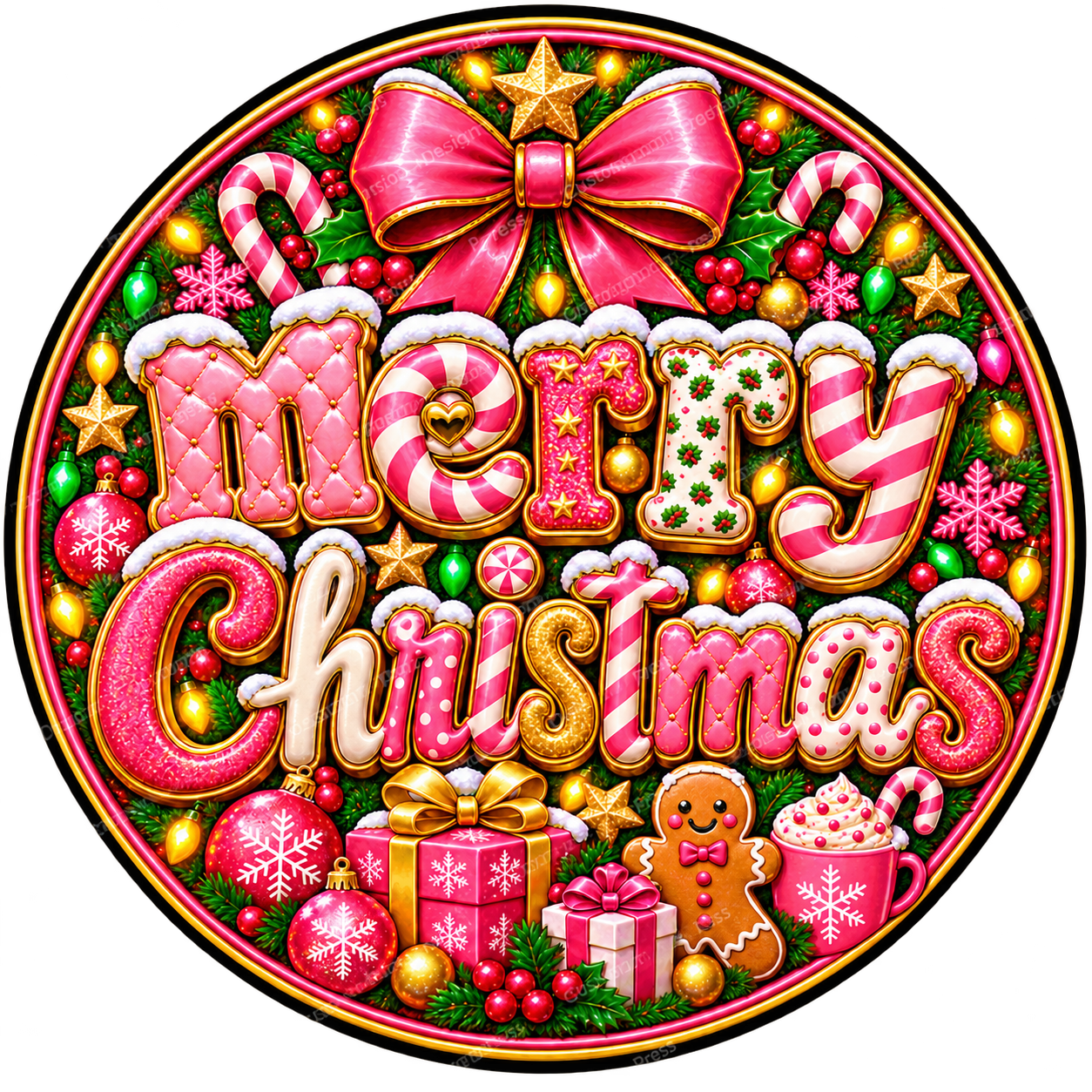 Pink Merry Christmas Candy Wreath Center Round