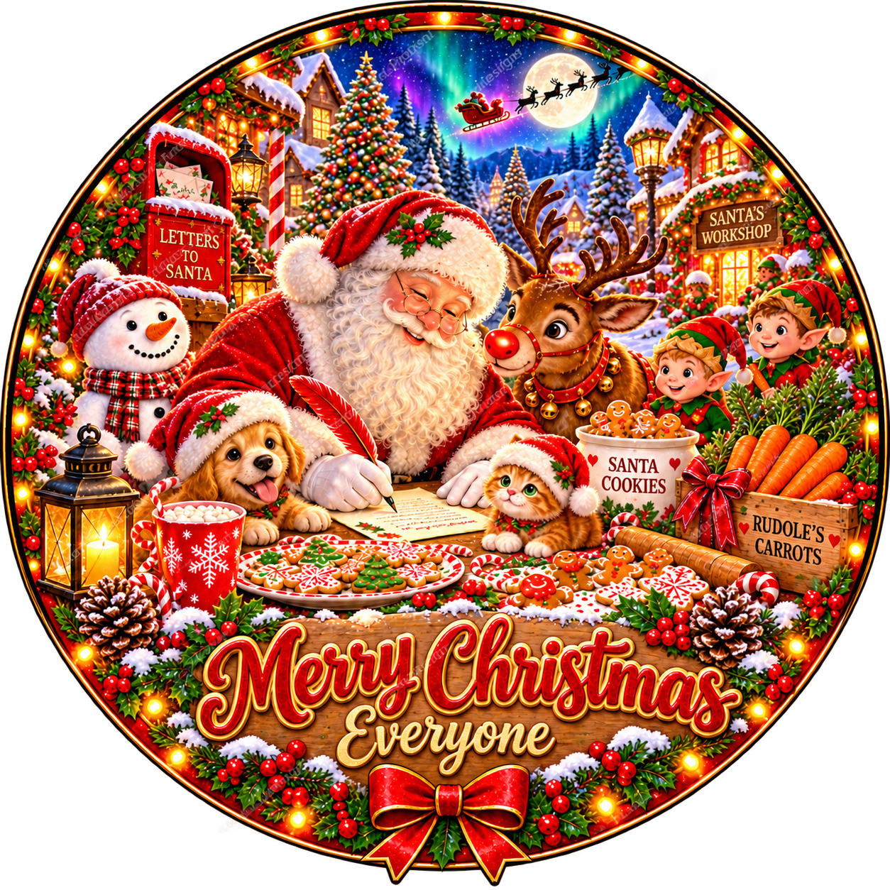 Merry Christmas Everyone Santa Wreath Center Round