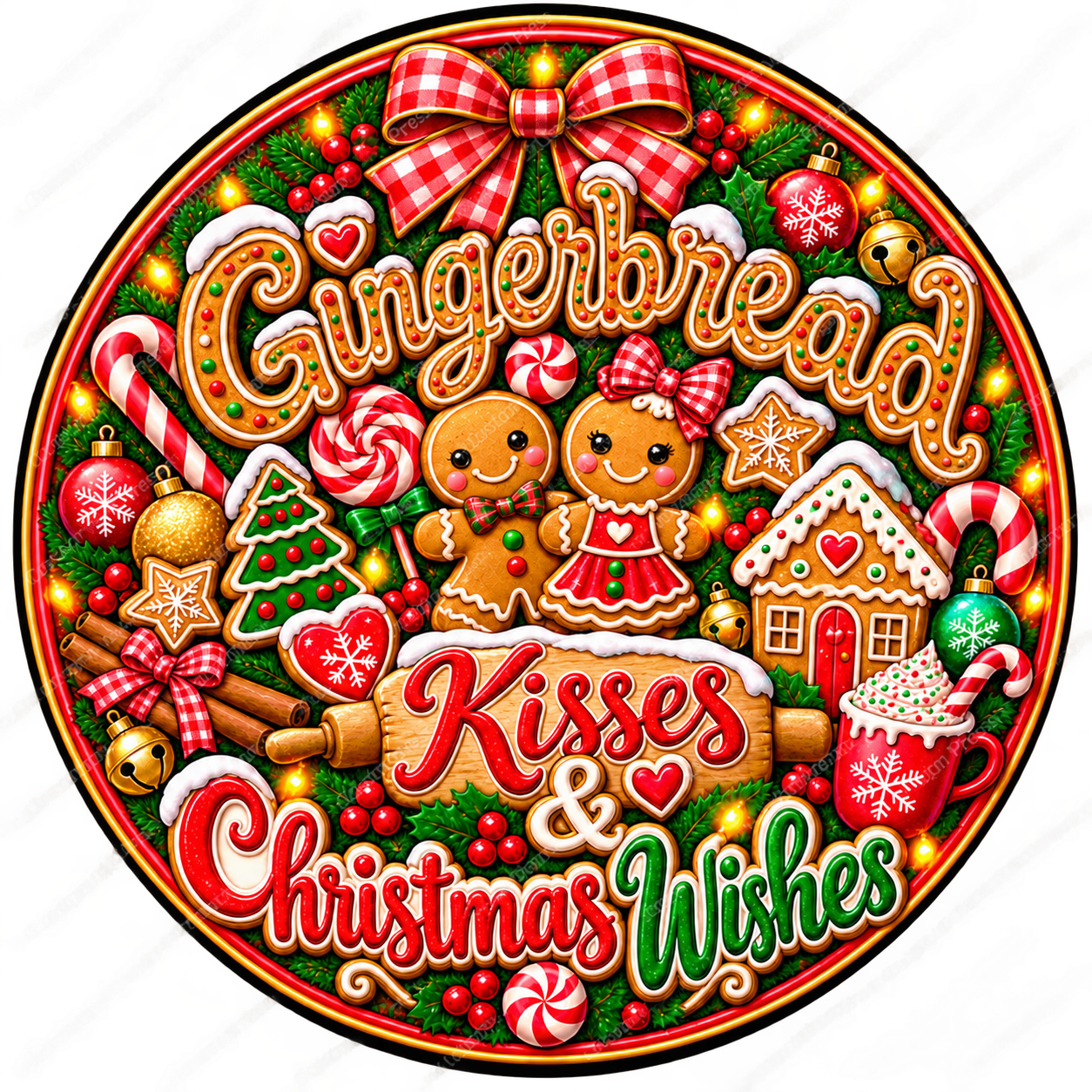 Gingerbread Kisses Christmas Wishes Wreath Center Round