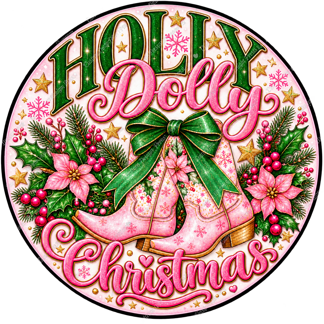 Holly Dolly Christmas Pink Boots Wreath Center Round