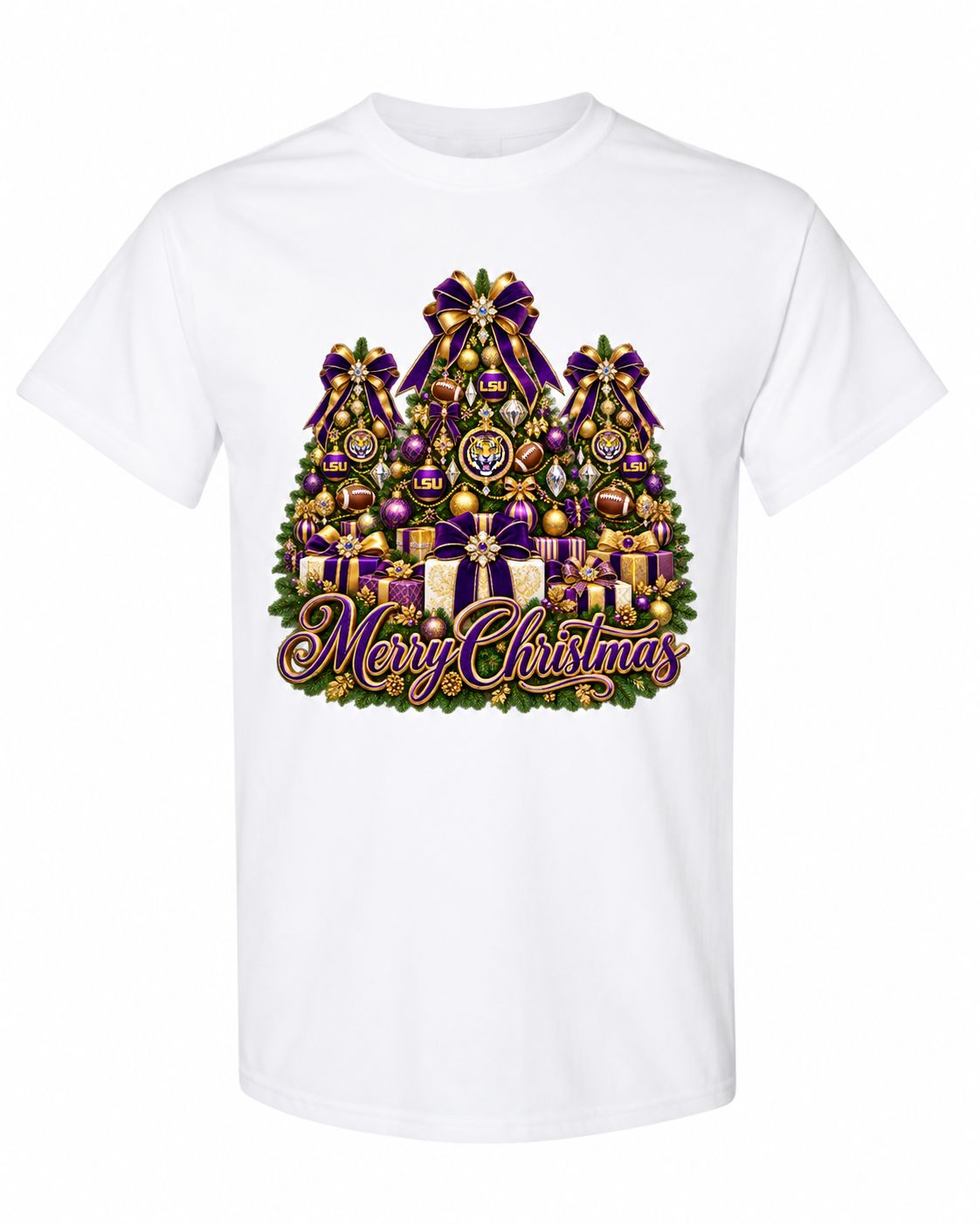 LSU Christmas design on white T-shirt