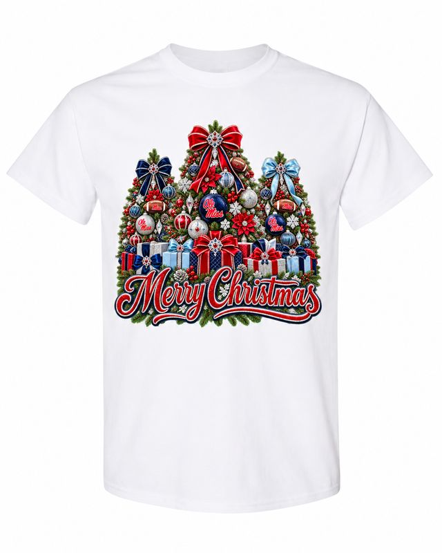 Ole Miss Christmas design on white T-shirt