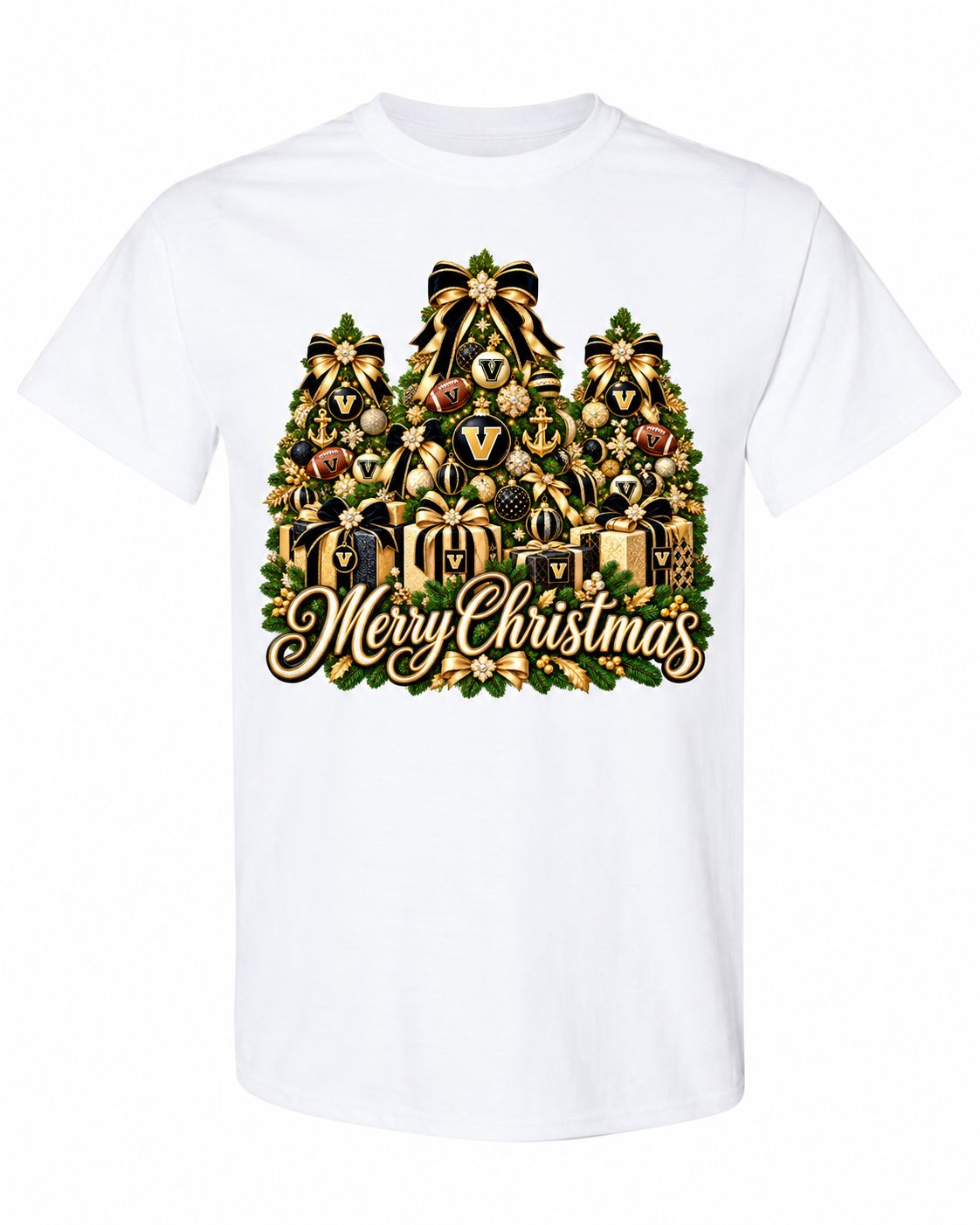 Vanderbilt Christmas design on white T-shirt