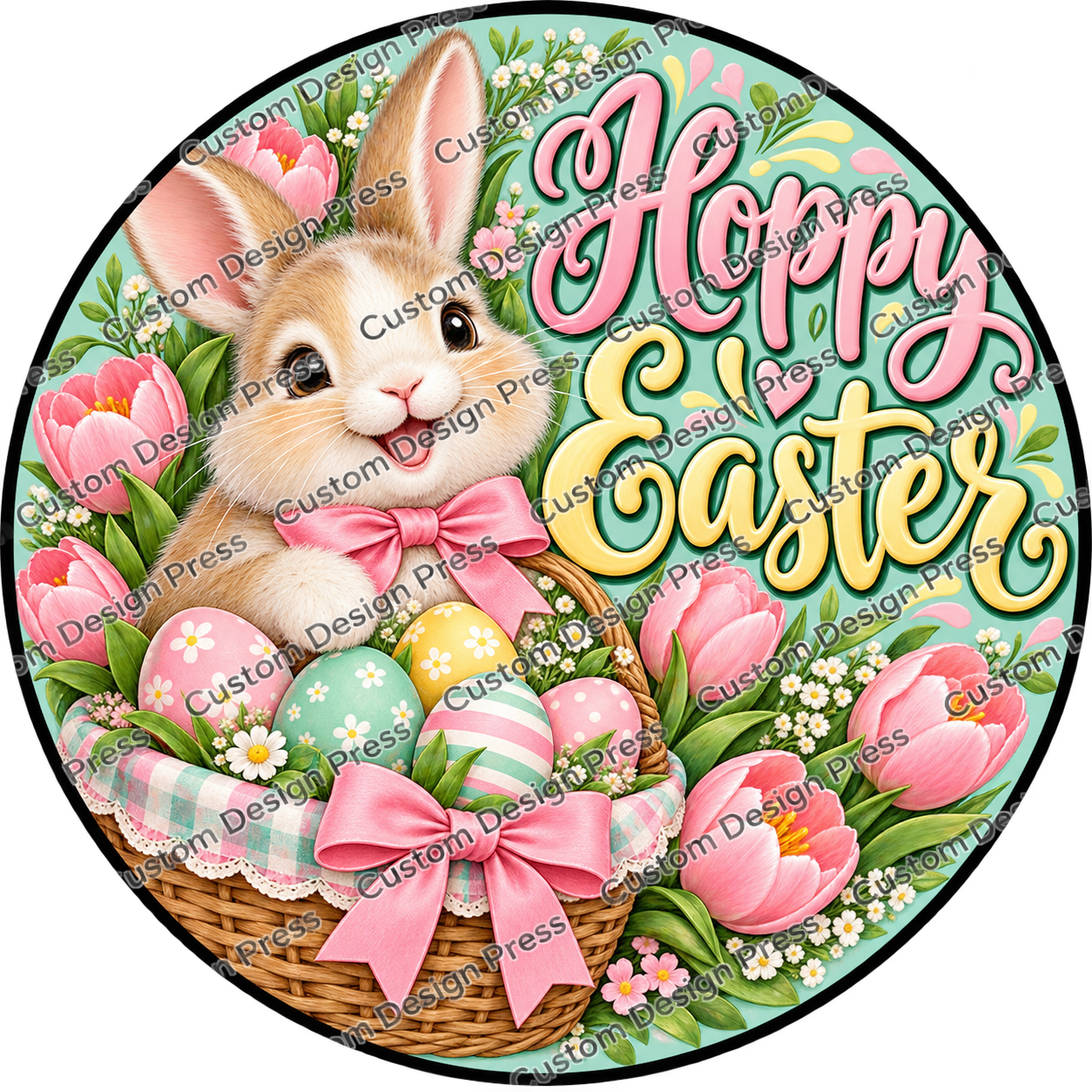 Hoppy Easter Bunny Tulip Basket Wreath Center Round