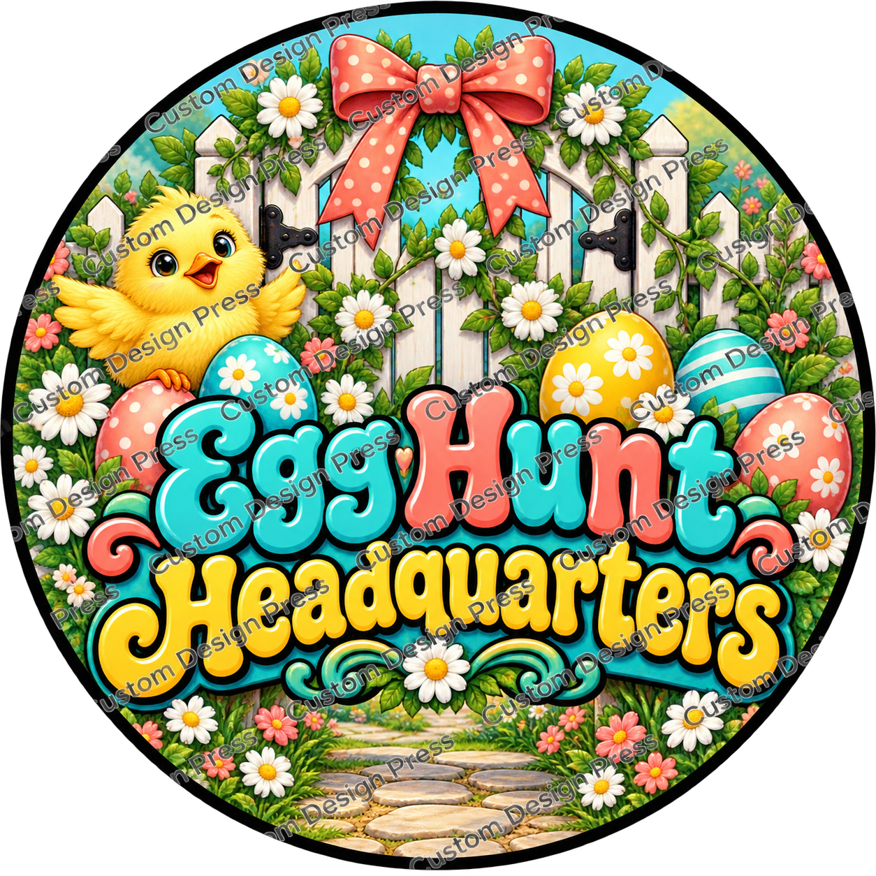 Egg Hunt Headquarters Chicks and Eggs Wreath Center Round