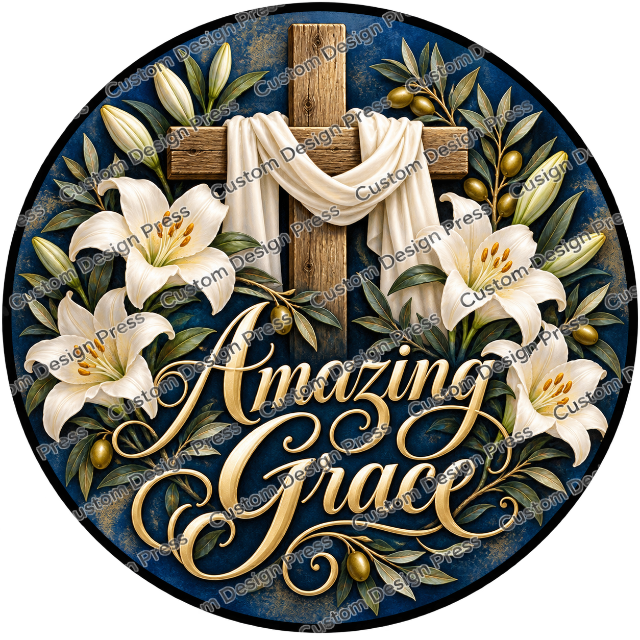 Amazing Grace Cross and White Lilies Wreath Center Round