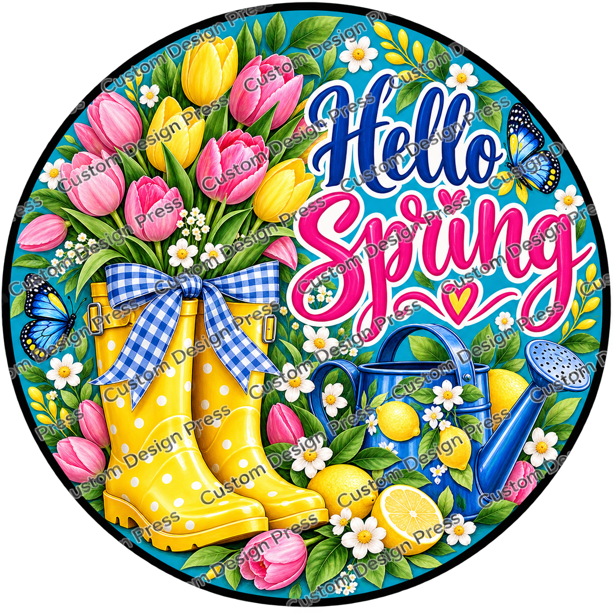 Hello Spring Yellow Boots and Tulips Wreath Center Round