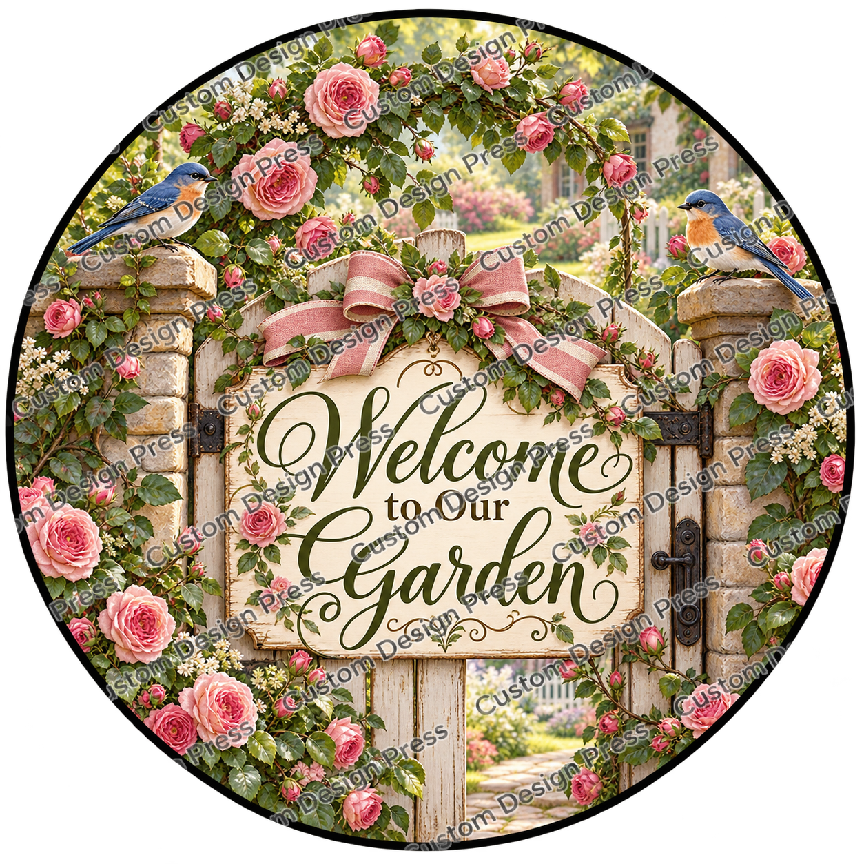 Welcome to Our Garden Rose Gate Wreath Center Round