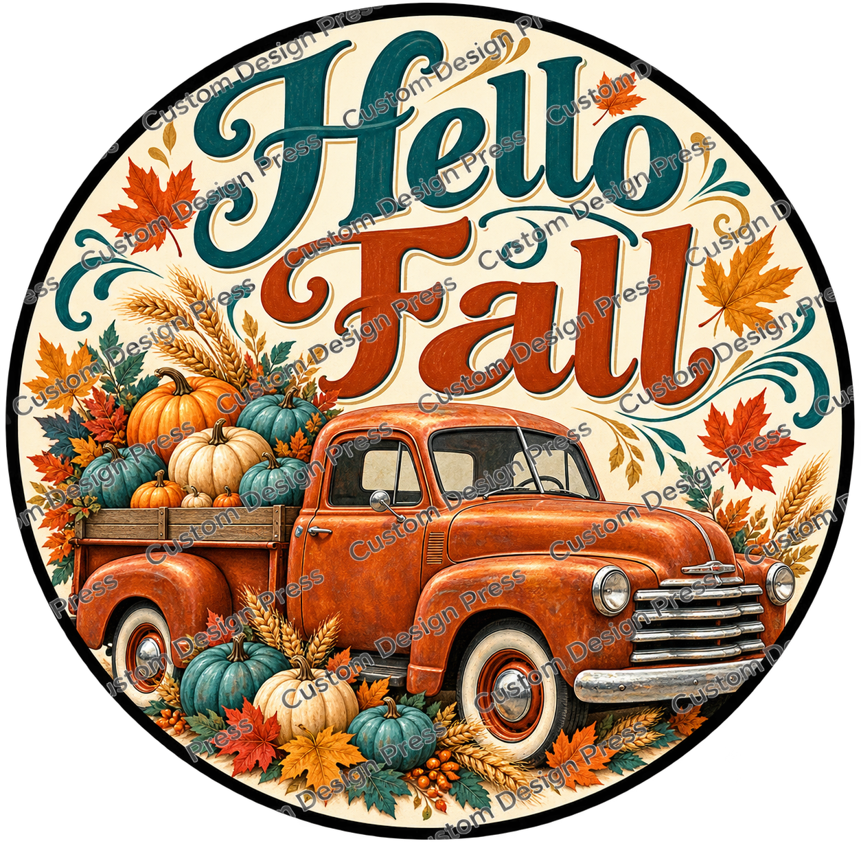 Hello Fall Orange Vintage Truck Wreath Center Round